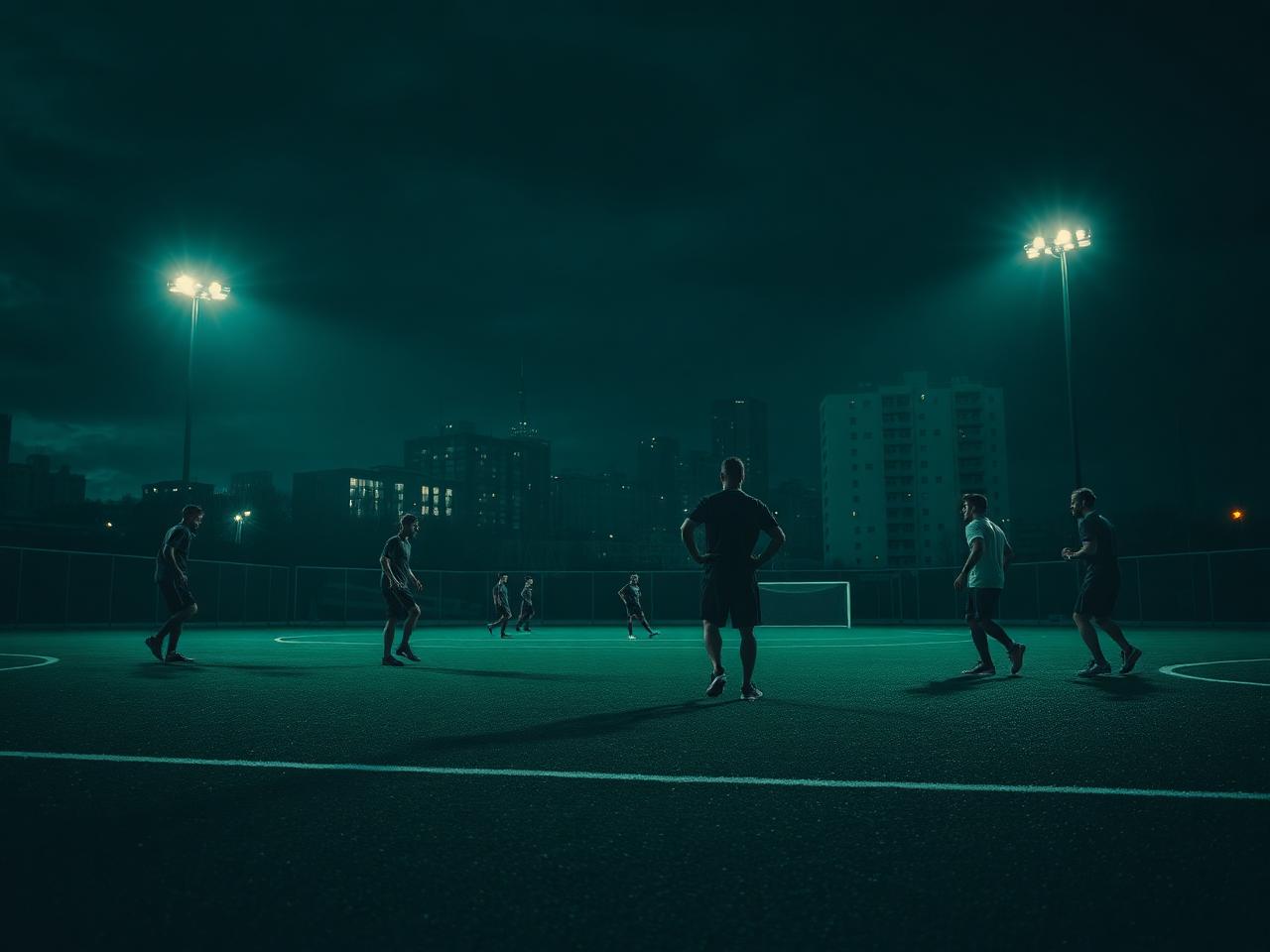 Joueurs de football amateur sur un terrain urbain éclairé